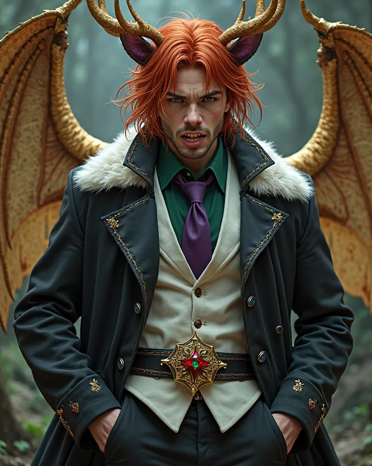 24-year-old man with slightly long and messy red hair. His eyes have black sclera; the left one is red with green sparks and the right one, green with red sparks, creating an intense and wild look. From his mouth gold fangs stand out,  long and sharp , sur...