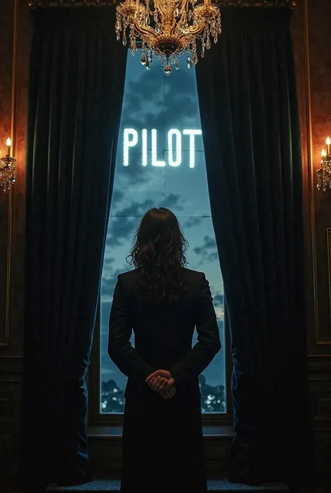 A luxurious and elegant room, with dark wooden walls and crystal chandeliers casting a soft glow. The black velvet curtains are drawn back, revealing the night sky through a large window, where the clouds have mysteriously formed the word "PILOT", as if de...