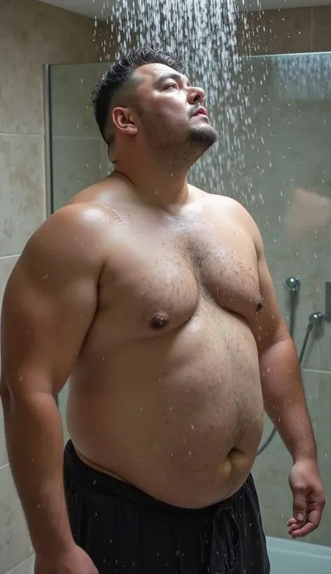  Asian fat man, 25-year-old Korean with hairy breasts  , , fat and muscular rugby player enjoying a rain shower, wearing a small wet bra  .He gets wet ,   looks at the audience with a seductive and charming appearance  .   The atmosphere of a modern bathro...