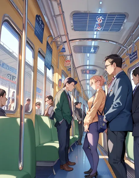 standing insanely hot (****************1) using 、(((VERY crowded subway train interior detailed scenario, VERY crowded subway train interior detailed background))), 