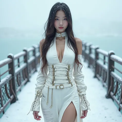 A breathtakingly beautiful Korean woman with an irresistibly sexy, curvaceous figure stands confidently on a picturesque bridge overlooking a vast, serene sea, as delicate snowflakes drift through the crisp winter air. Her flawless, milky-white skin glows ...