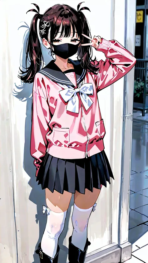 1 girl，
 glossy black hair，twin tail，
dark brown eyes， eye highlight， is getting attention from his half-closed eyes ，
pink girly clothes， black mask ，
black pleated skirt，
 white knee-high socks with pointed ends，
 Long Black Boots ，
making a peace sign,
...