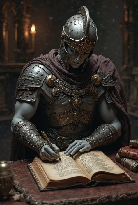 A gray dummy, wearing a Hellenic helmet and Hellenic armor, writing a book