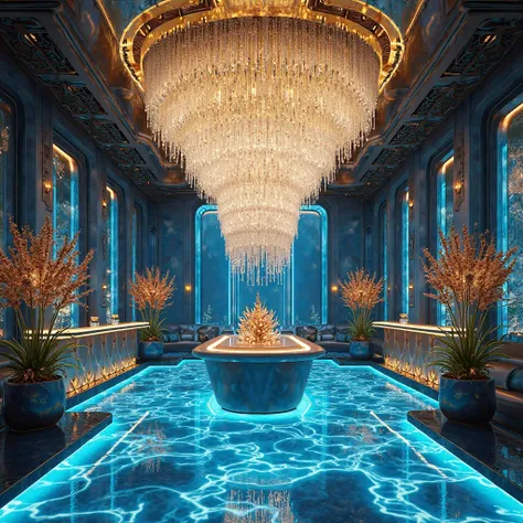 realistic photo, best quality, no humans, a luxurious and futuristic bar with an oceanic-inspired aesthetic. The focal point is a mesmerizing chandelier with cascading crystal strands, creating a dreamy underwater illusion. The space features deep blue and...