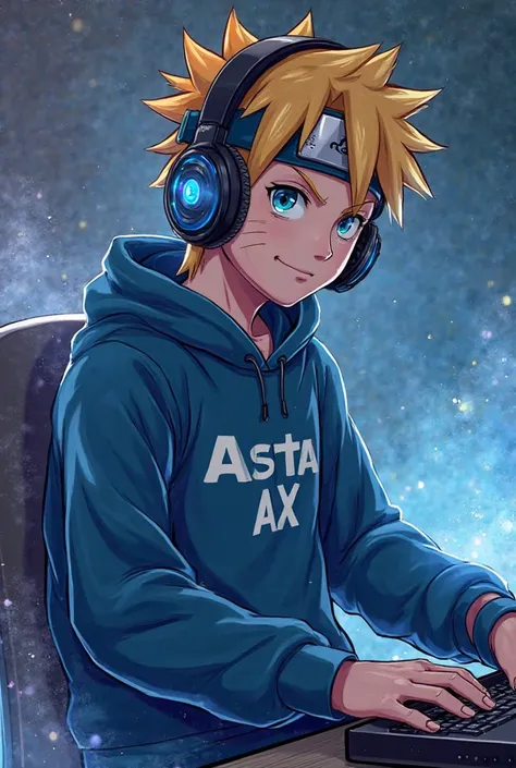 Un mec habillée en pull bleu avec écrit asta ax avec une chemise noir portant un casque gaming en animé du style naruto et de la foudre autour de lui et un creeper de couleur bleu à côté de lui et aux cheveux maron 