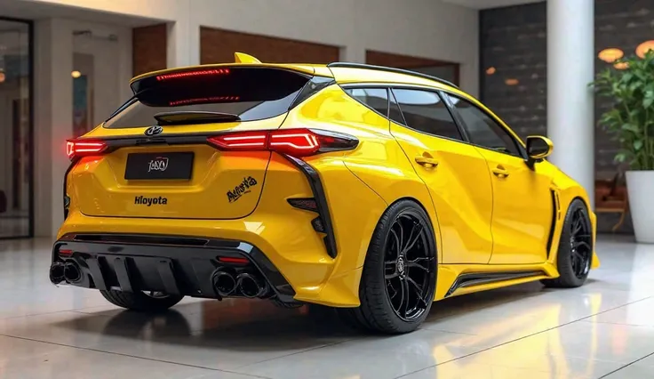  3D render of a heavily modified (2025 Toyata  avaza)in(full yellow)colour, full back view) The car features closing doors, ultra-high-detail glossy and shiny modifications, including sleek add-ons. The () logo is prominently displayed on the closing doors...