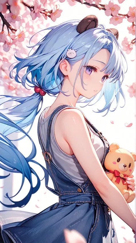 (Mio Sato:1), highest quality, blue hair, heart, high resolution, source anime, ultra-detailed, cherry blossoms, full body, bear ears, chick accessories, one girl, long hair, teddy bear, low ponytail, medium bust, beautifully detailed eyes, gray hoodie, de...