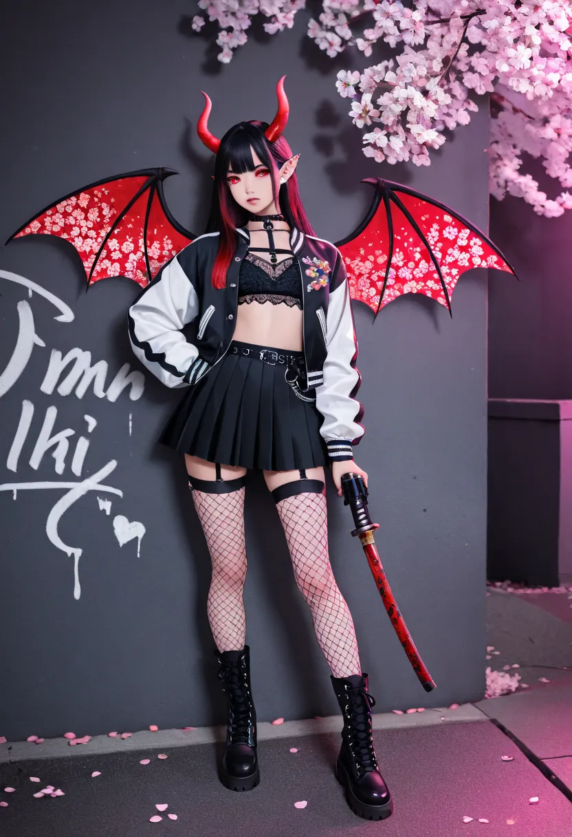 masterpiece, high quality, best quaity,1girl,((solo)),  photorealitic, cosplay, realism, 1girl with sukajan jacket, black pleated skirt with red and white floral embroidery, black lace crop top, thigh high stockings with fishnet pattern, holding katana and...