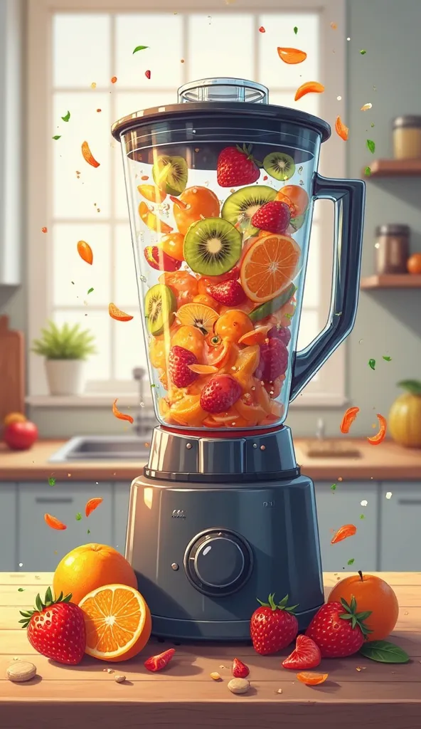 The blender begins mixing the scattered pieces of fruit. The fruits blend into a colorful swirl as the blender spins.