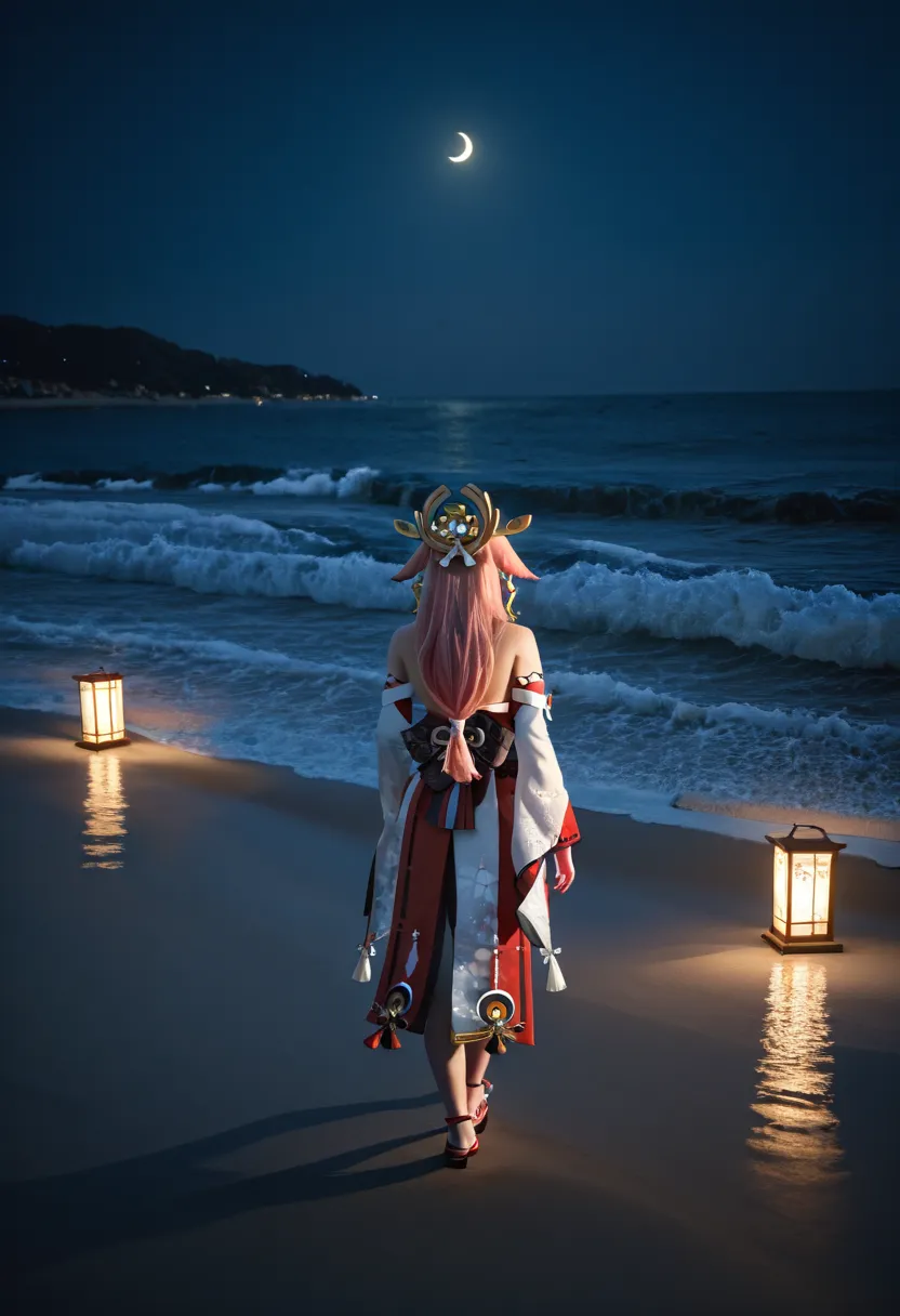 photorealistic, realism, cosplay, real, highres, night, realistic, dim light, dark, yae miko, scenery, from behind, lantern, beach, waves, walking, crescent