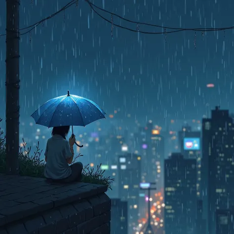 and the night view in the rain、There is only a light blue forgotten umbrella in a small high place where you can clearly see nearby raindrops、Blur in the distance。Light fog 、Small raindrops light up、watercolours

There are no cats　 people in Manfu　umbrella...