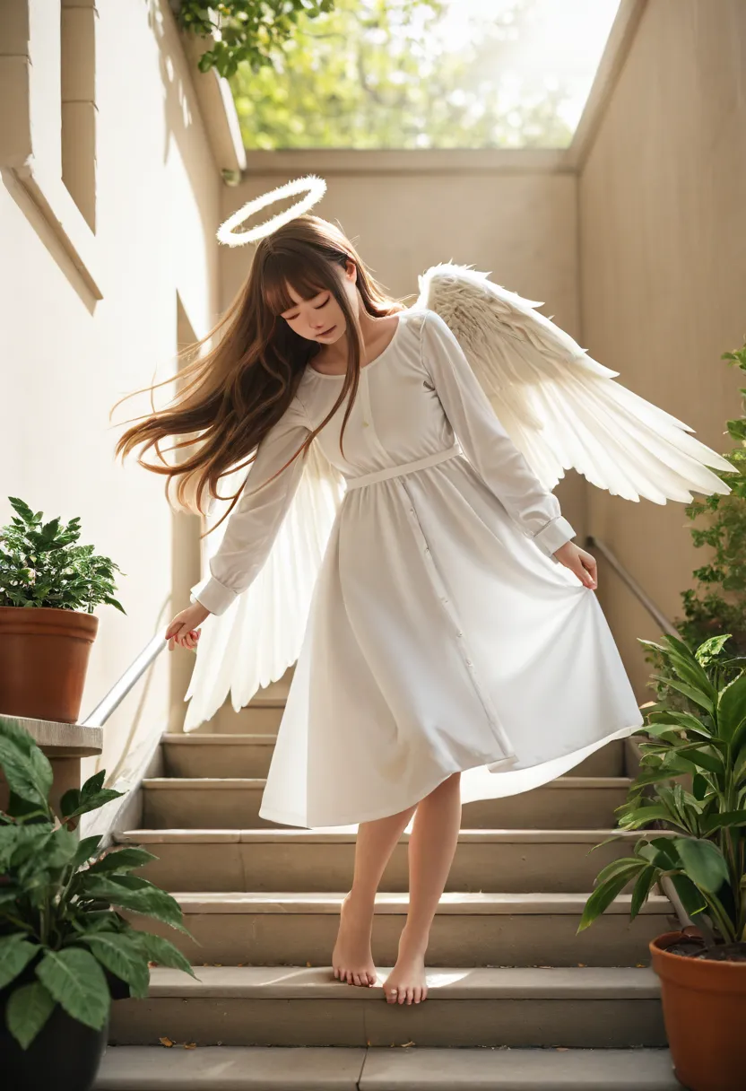 photorealistic, realistic, cosplay, , 1girl, halo, plant, wings, long hair, solo, angel, barefoot, white dress, dress, angel wings, feathered wings, closed eyes, outdoors, white wings, floating hair, brown hair, leaf, potted plant, bangs, stairs, long slee...