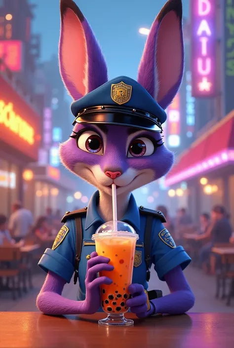 Judy hopps from zootopia drinking boba