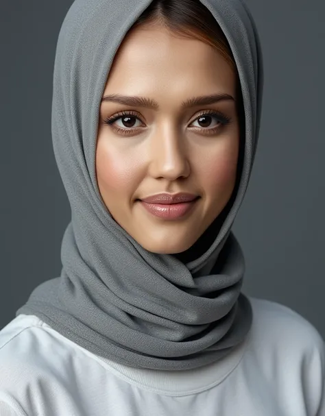 Jessica Alba, (hijabi girl, wearing a hijab, grey hijab on, tight hijab, scarf around head), beautiful actress, brown eyes, beautiful face, supermodel face, amazing eyes, oily skin, ((wearing a grey hijab, white t-shirt, half sleeve)), realistic image, pho...