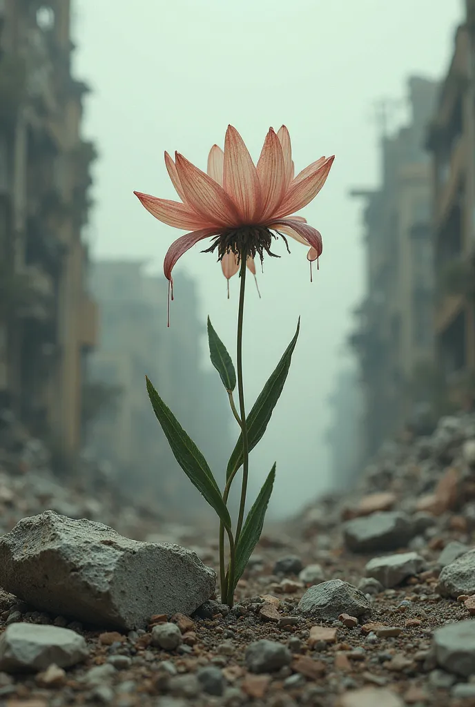 Sad flower in a destroyed place