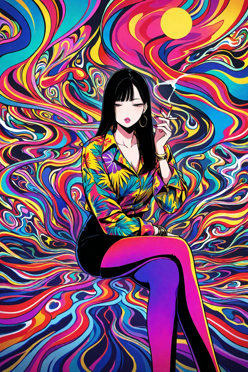 (Oil style), gyaru, cool beauty, black hair, slender body, half-closed eyes, rest, modern exotic fashion, tropical motif room, feet out of frame, psychedelic smoke, cigarette,geometric movie poster,