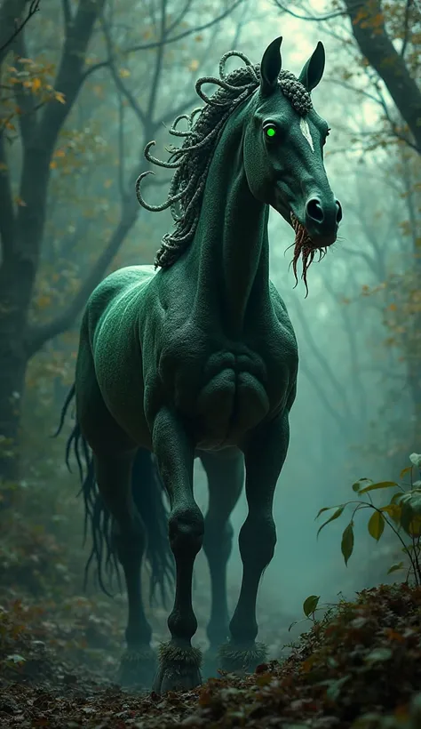 "A fantastical hybrid creature combining features of a majestic horse and a venomous snake. The creature has the muscular, powerful body of a horse, but instead of fur, its skin is covered in dark, glossy scales. Its eyes glow an eerie green, and sharp, ve...