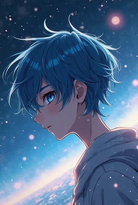  one boy in airspace， one eye is hidden by hair， blue hair