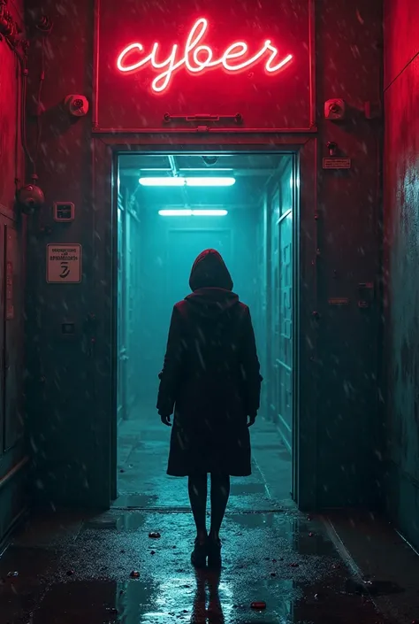 high quality,  8K Ultra HD, The neon city of the future, streets are immersed in darkness, it&#39;s raining.   black girl in a long coat and hood,. She approaches the entrance to a clandestine cyber lab. The entrance looks futuristic and gloomy. Above it i...