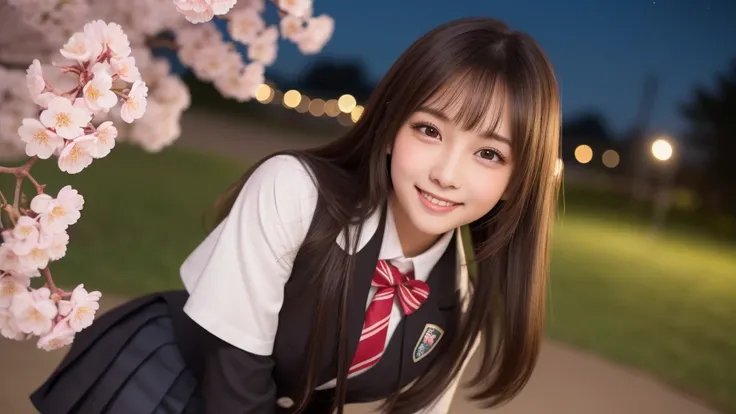 (1 girl:1.2), very cute face, ( very detailed eyes, very detailed face), Fresh, Very clean look , (super realistic, high definition), (TOP QUALITY:1.4), Professional photography, ( high school uniforms , pleated mini skirt:1.2),   Smile  , (Cherry blossoms...