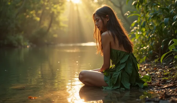 In the heart of a dense, untamed jungle, a peaceful lake sits quietly, its surface reflecting the surrounding wilderness. The golden rays of the setting sun bathe the water in a warm, soft glow. On the shore of the lake, an 18-year-old girl sits, her legs ...