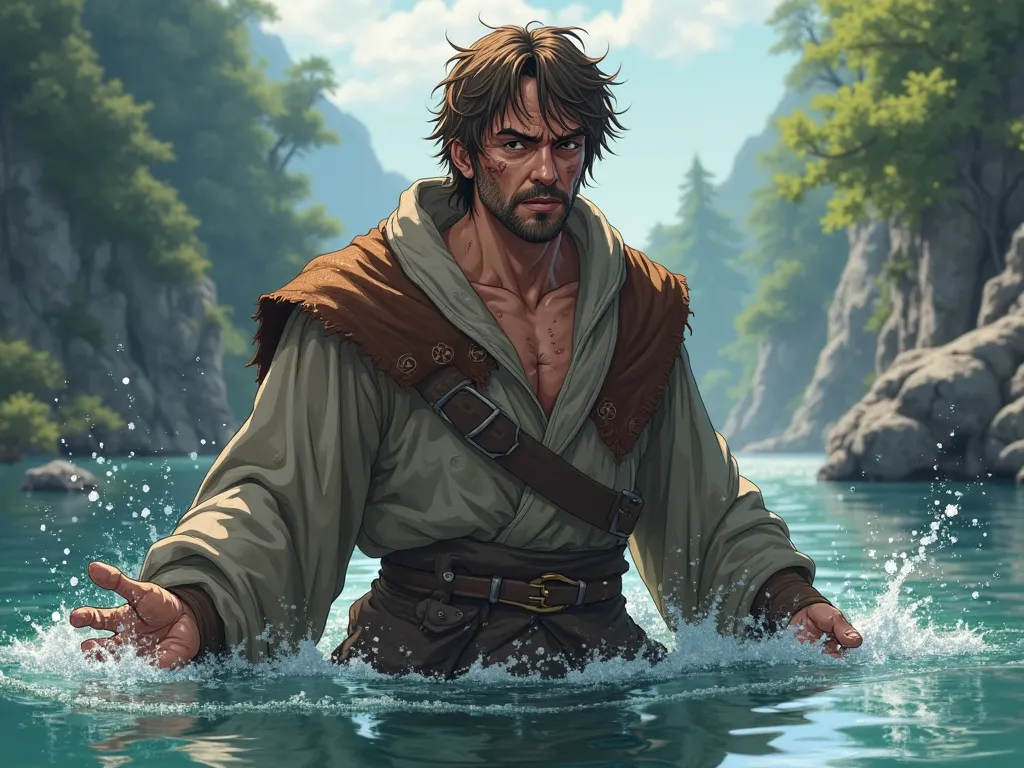 Wounded wizard short brown hair and short beard coming out of a river realistic medieval anime style 