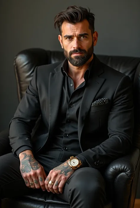 Tall man of 1.98, husky, broad-shouldered,  attractive, handsome, divine,of a serious character, arrogant, strong, short beard of several days, dark brown hair between wavy and smooth, tattoos on the arms, with a black suit attached to the body, with a Rol...