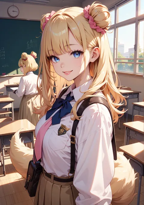   girls on the left , big breasted,  pale skin,   blonde hair ,  twin tail,  straight hair   ,   blue eyes,   Slanted Eyes   ,   pink beige lips ,  classroom , Her bangs are tied ,  dark eyes, standing, smile,uniform