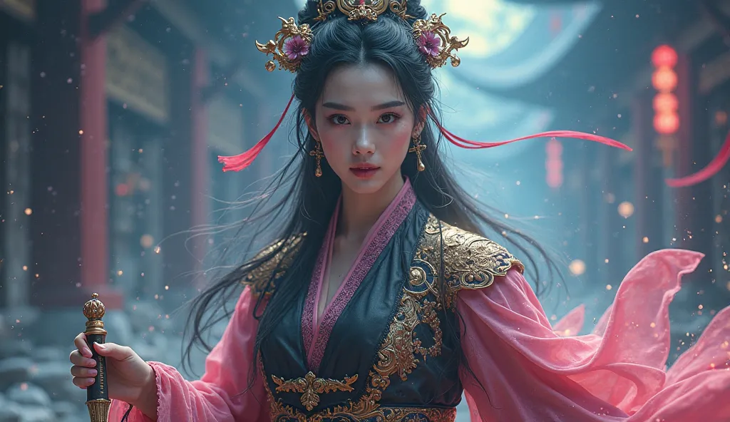 (((1 girl)))，imperial shadow，magician，（perfect facial features：1.4），（Black pink and gold silk robe），（Mysterious dark magic：1.2) ，(((Powerful shadow magic))) ，In feudal Chinese ，Blue light Gold light，(((Crystal storms)))，(((Generate a female Erlang Shen, he...