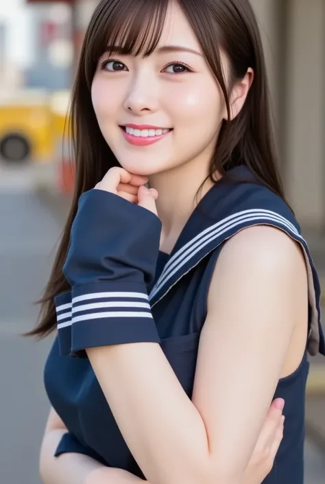 4K,Masterpiece,Top Quality, Detailed Description ,Photorealistic, Natural Light, One Girl, Dark Straight Hair, Smiling Face, Sailor Suit,,(looking,for viewer)).live action , Genuine, cute young girl , beautiful reflective eyes , beautiful detailed lips , V...