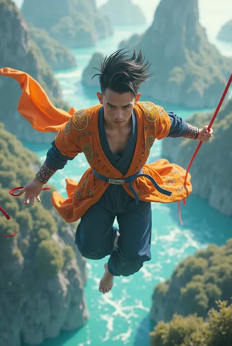 Seen from the air, a man with black side-parted Undercut hair "not long but short hair", wearing a dragon ball costume, carrying a red stick, flying low in the air, his feet floating in the air, water, wind blowing,