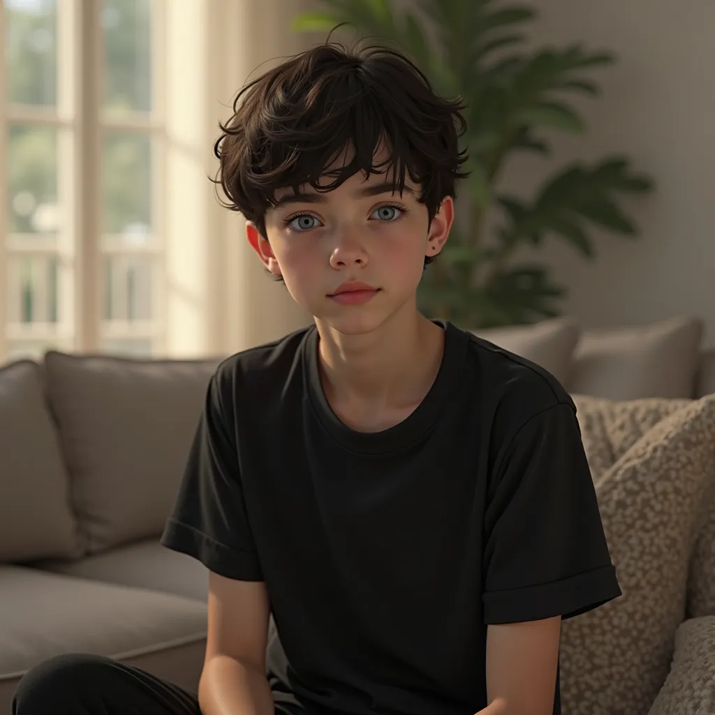 Beautiful boy with black hair short wavy his hair, with black t-shirt, white with blue eyes and black pants. living room background
