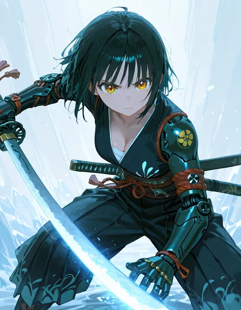 best quality, high detailed, Humanoid Samurai Girl, mechanical right arm, iai stance, katana, frozen effect, Slash effect, serious, beautiful eyes, super fine eyes