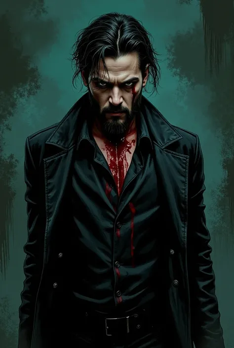 Shia LeBeouf, A highly detailed dark fantasy illustration of a dark and atmospheric horror-style image showing an intimidating figure portrayed by Shia LeBeouf in an art style inspired by Frank Miller's Sin City Comic Book. He has blood on his hands and ar...