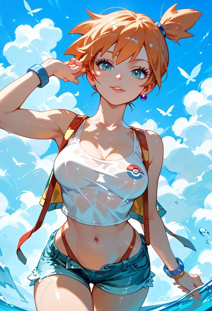 misty from pokemon , sexy, erotic, dynamic shot, dynamic angle, sexy, erotic, taking off her shorts,, provocative, showing boobs