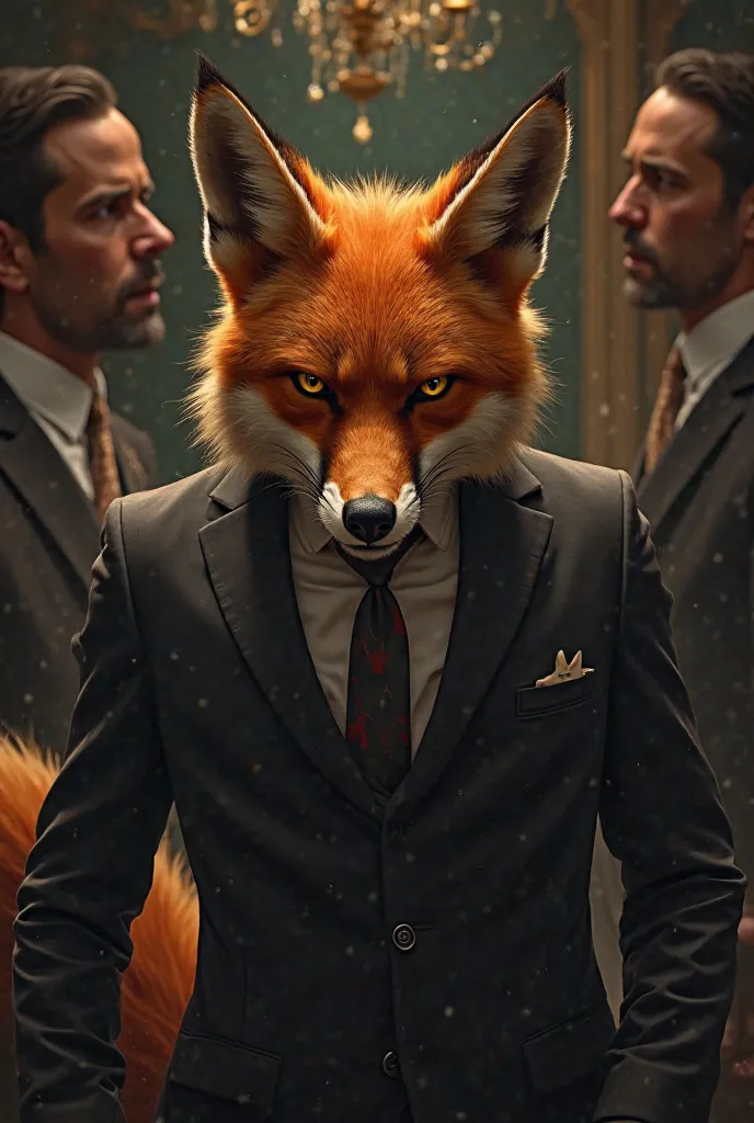 I want a picture of a man with the head of a cunning fox cheating on his friend