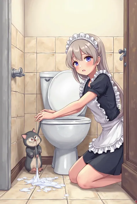 Anime maid washes the toilet with Yorshik while kneeling with displeasure 