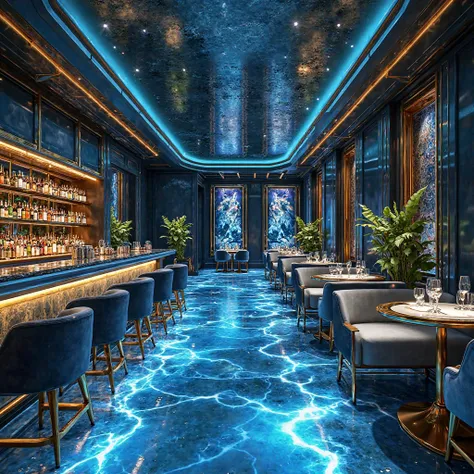 realistic photo, best quality, no humans, a luxurious and futuristic bar with an oceanic-inspired aesthetic. The space features deep blue and gold tones, high-end tables and chairs, and a floor with glowing water-like patterns. Soft golden lighting and ele...