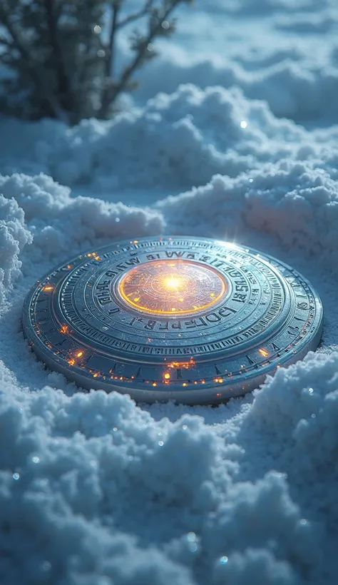 Mysterious metallic disc with unknown inscriptions, glowing beneath layers of Arctic ice, ethereal light emanating from ancient symbols.