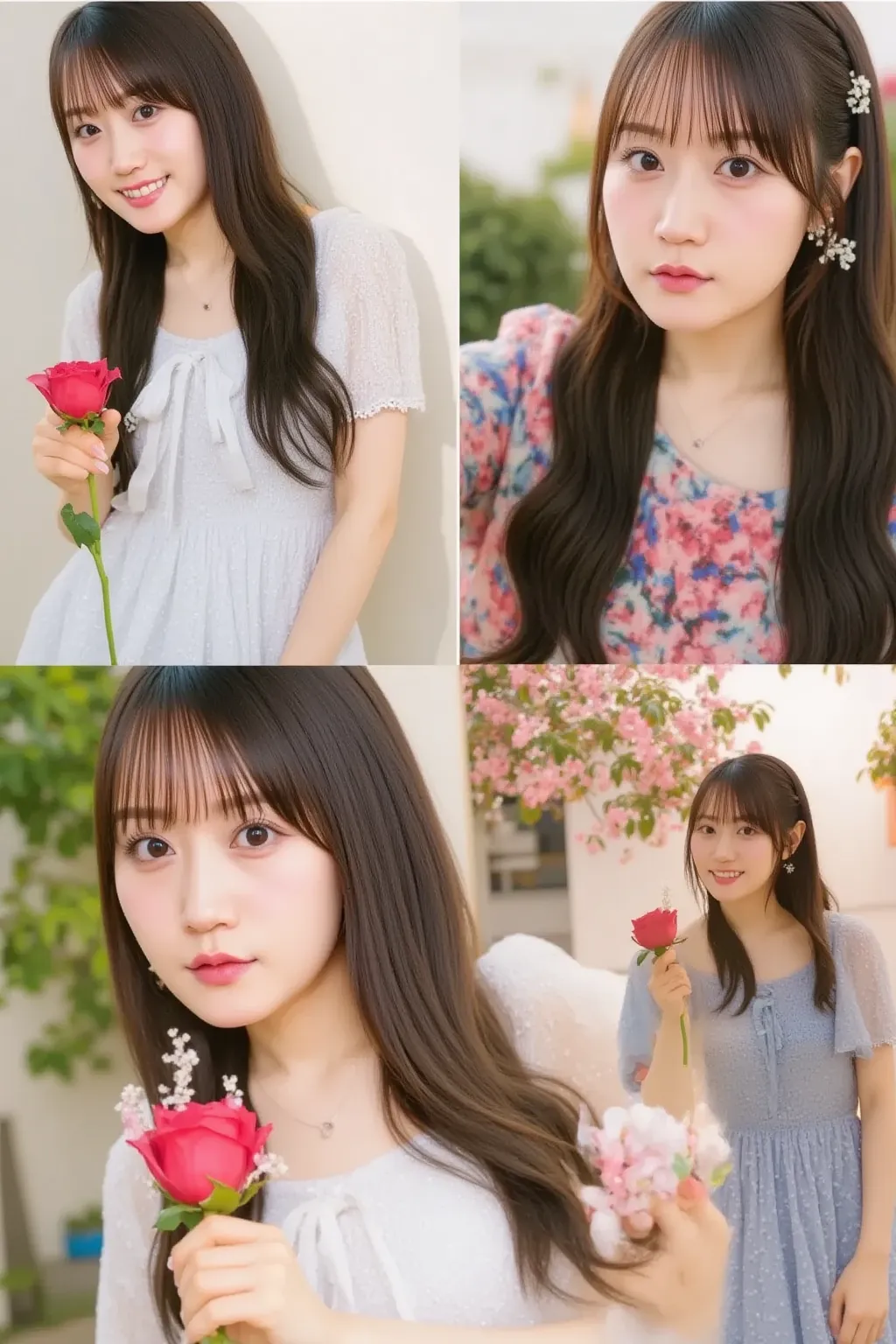 "A cute young woman holding a rose, standing in various scenic locations. She has a gentle smile, wearing a light, pastel-colored dress. The scenes include a lush garden with blooming flowers, a serene beach at sunset, and a romantic city street in the eve...