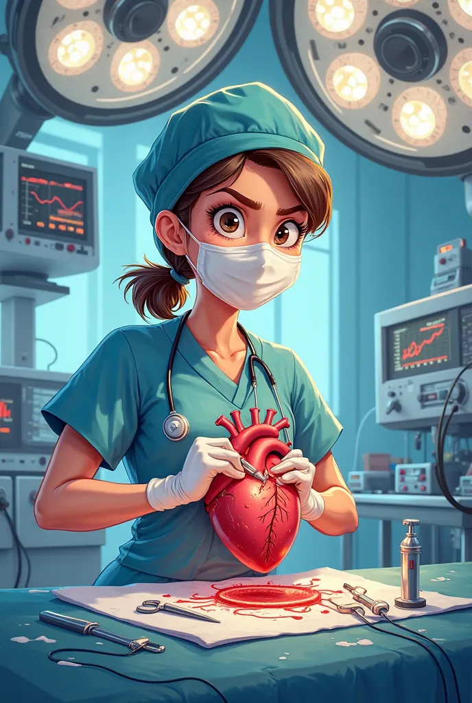 Create cartoon animation picture of a female surgeon doing heart surgery