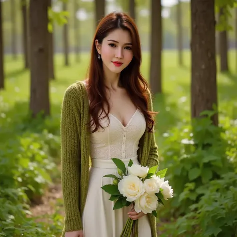  gadis cantik , gadis cantik ,  Seorang wanita muda dengan panjang , straight brown hair and luminous, porcelain-like fair skin stands in a lush, vibrant green forest. Dia memakai , ivory-white dress with intricate lace details and an oversized, moss-green...