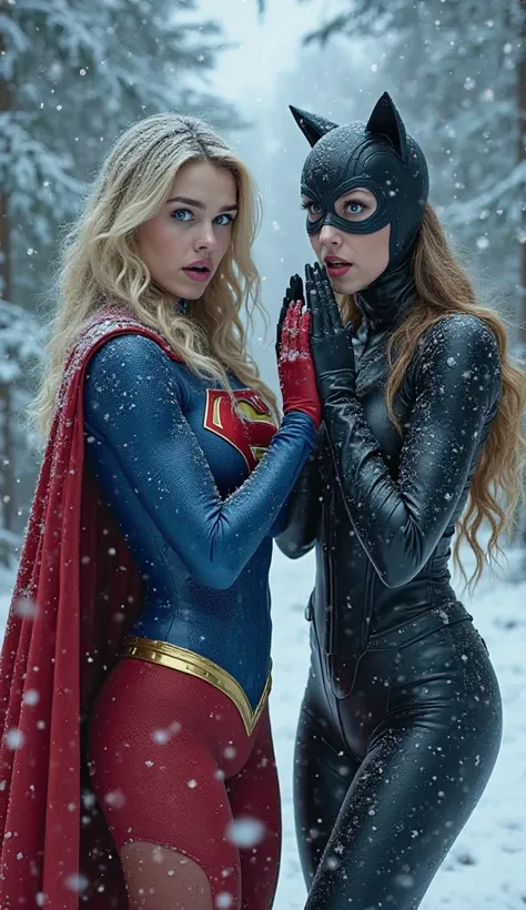 Create a dramatic, tense scene featuring two iconic DC Comics heroines—Supergirl and Catwoman—standing together in a snowy, wintry forest with snow-covered trees and a misty, blue-gray sky, with heavy snowfall and ice crystals clinging to their hair and co...