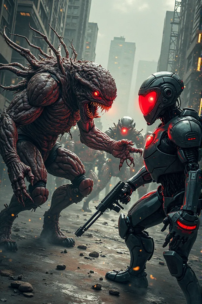 A dramatic battle scene between monstrous mutants and high-tech security robots, ready to clash. The left side is filled with terrifying mutants with grotesque features, exposed muscles, extra limbs, and eerie glowing eyes. They are snarling, growling, and...