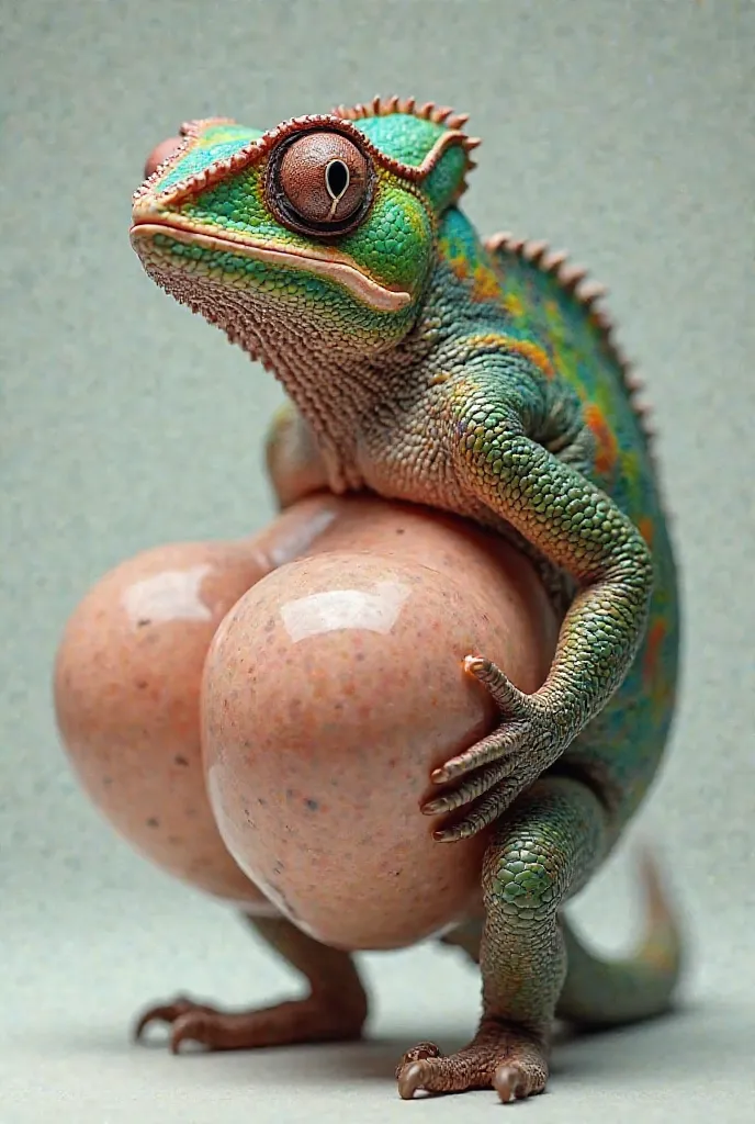 Chameleon with big human balls on its stomache