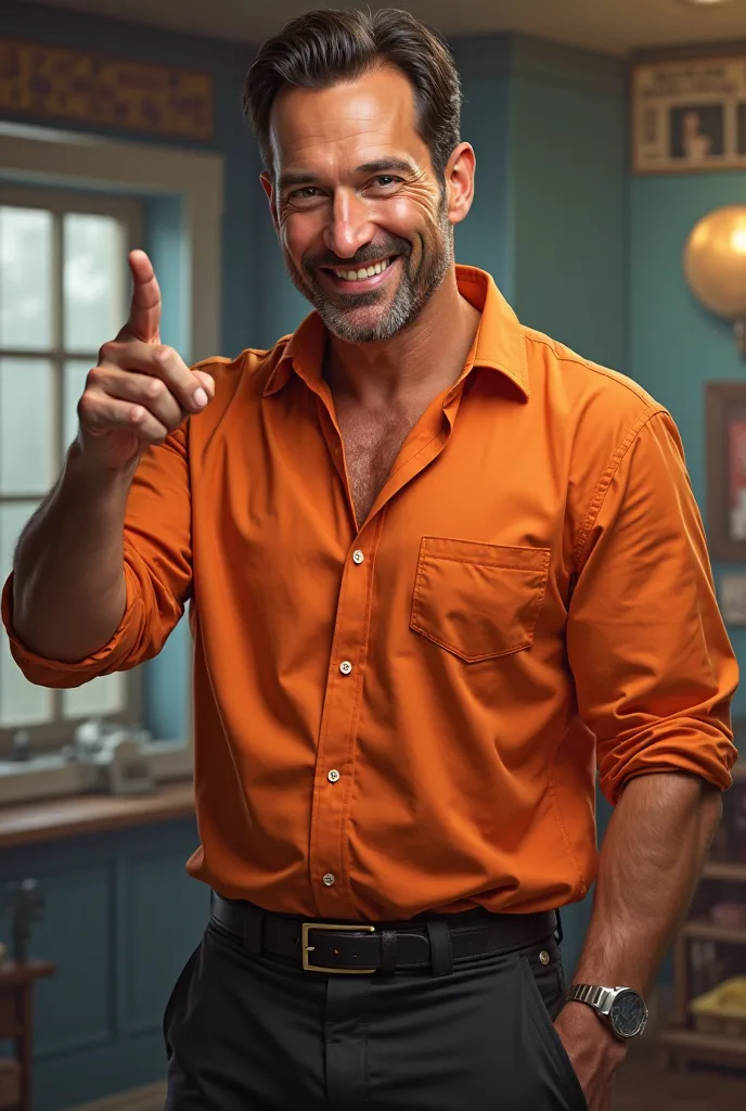 Jon Hamm dressed in an orange shirt and black pants, smiling and pointing to the side with his index finger