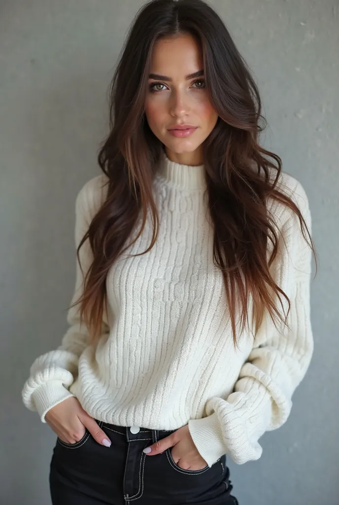 Russian girl, 25 years, brown eyes, long dark brown hair, wearing white sweater, black jeans, realistic photo, ultra realistic, slim, relaxing, low, full body view, stylish girl, full body, full body view