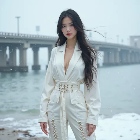 Beautiful Korean girl with sexy hot body body with cruves and she have beautiful eyes pink lips and and blue eyes and beautiful absurdly long hair wearing a white full body Ninja full body suit one sleeve mode of shoe laces  have gaps and v neck add shoe l...