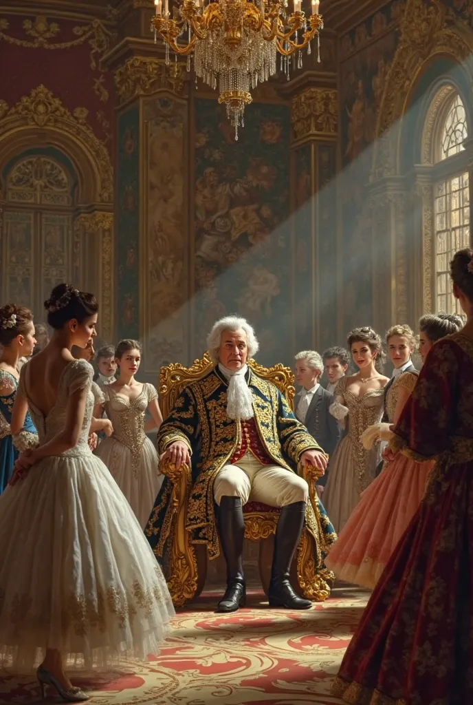 18th century: Peter the Great in royal attire watching a performance by French dancers at the court.