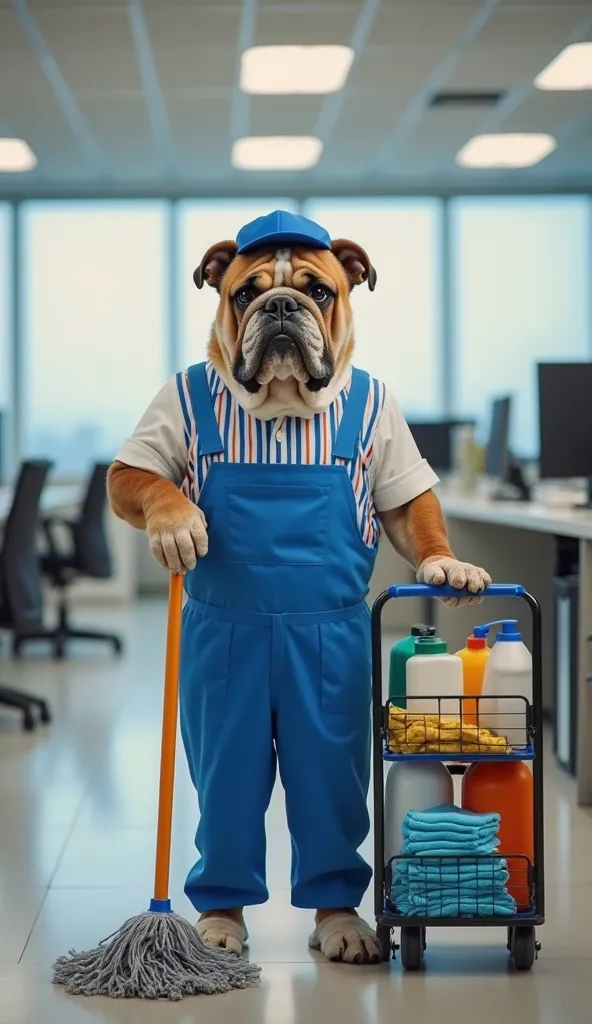 A brown bulldog wearing a blue cleaning uniform complete with a small hat,  white shirt, and striped vest, standing in the middle of a neat office. He holds a mop handle with one front leg, while the other foot pushes a cleaning trolley containing various ...